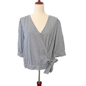 Ana Womens Top Size XL Blue Striped Wrap Short 1/2 Sleeve Tie V-Neck 100% Cotton